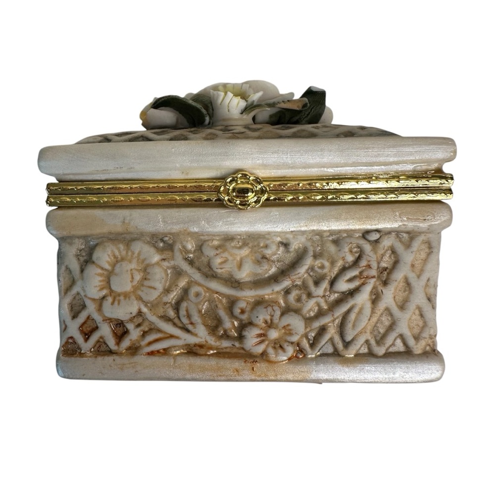 Vintage Ceramic Floral Jewelry Trinket Box Small